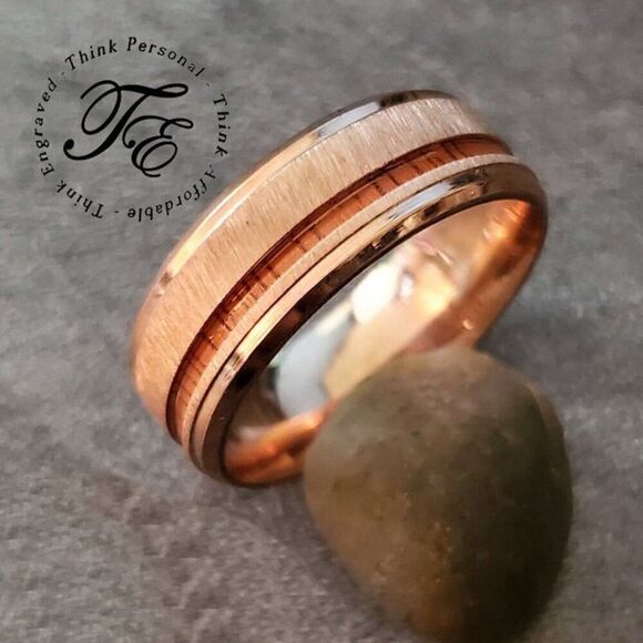 Men's Promise Ring Surgical Steel With Rose Gold Coating and Wood inlay - Picture 1 of 7